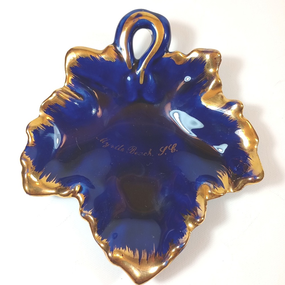 VTG Lizomade USA Cobalt Blue Ceramic Leaf Dish 22K Gold Myrtle Beach Souvenir